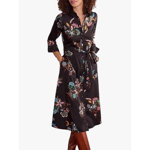 Boden Isodora Floral Black Midi Button Up Long Sleeve Shirt Dress